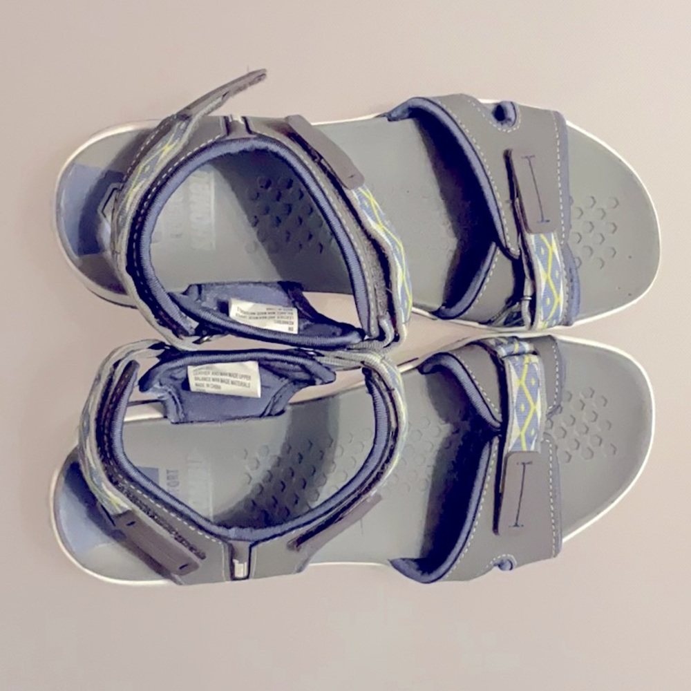 These k-comfort sandals are a size 6. They are grey w/ blue and yellow designs